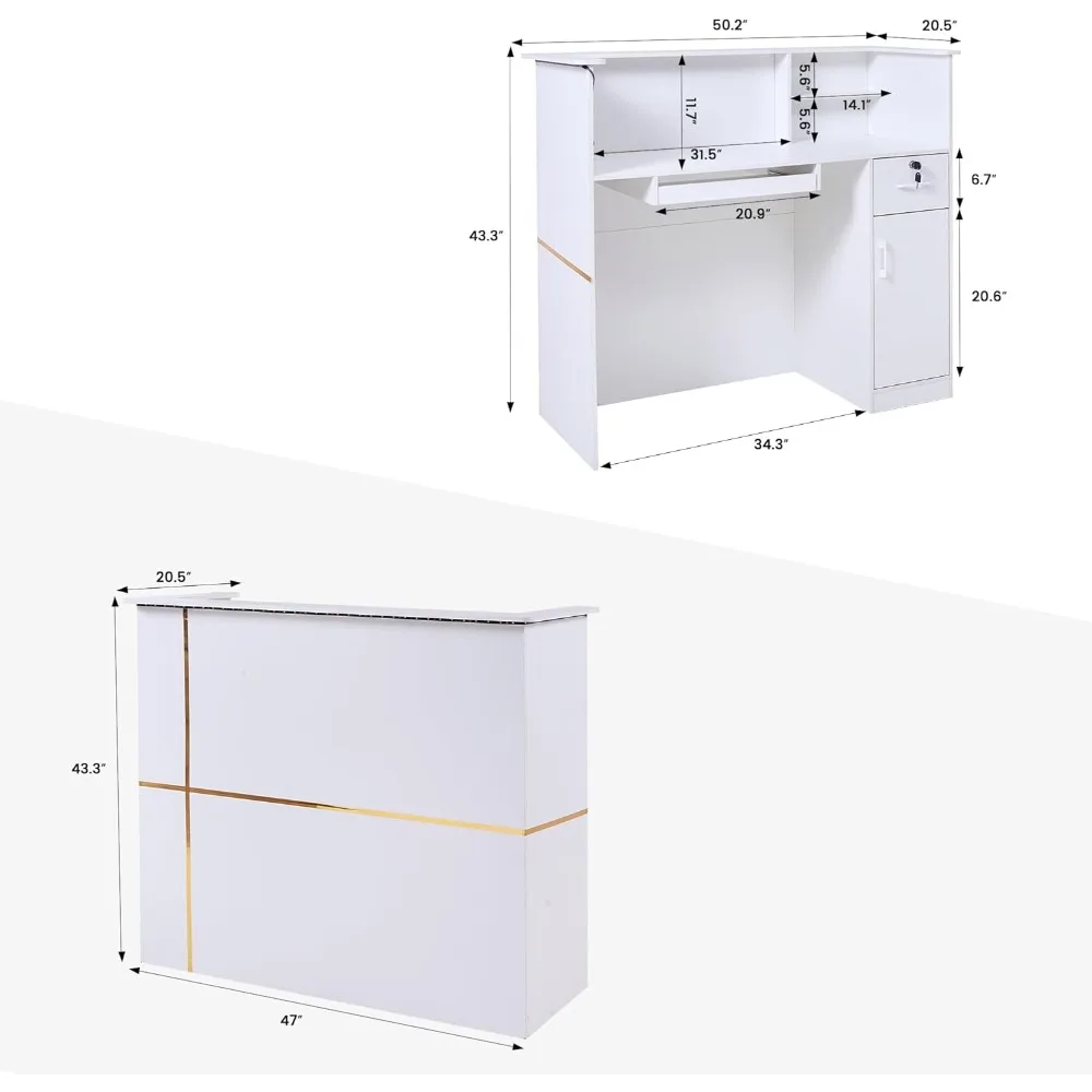 50 受付デスク – モダンなフロントデスク、鍵付き引き出し、キーボードトレイ、収納キャビネット、内蔵電源コンセント、LEDライト付き