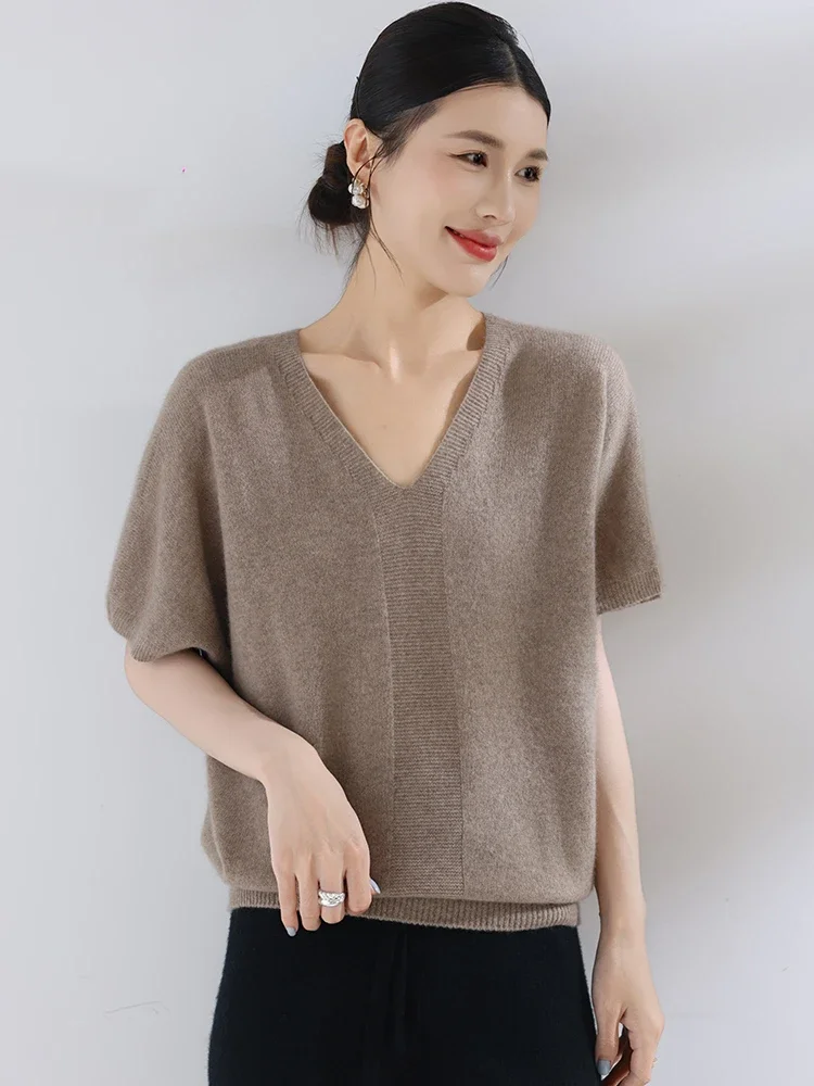 Tcyeek Women's Pullover Spring Autumn 100% Cashmere Sweater Short Sleeve Pullover Loose V-Neck Commuting Series Knit Female Top