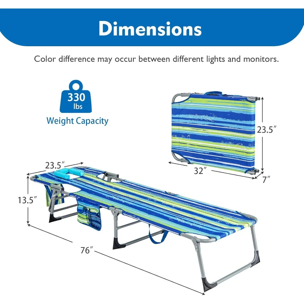 كرسي استرخاء قابل للطي قابل للتعديل مع فتحة ذراع للوجه، وسادة قابلة للغسل، جيب، مقبض حمل، وكراسي حمام سباحة تدوم طويلاً