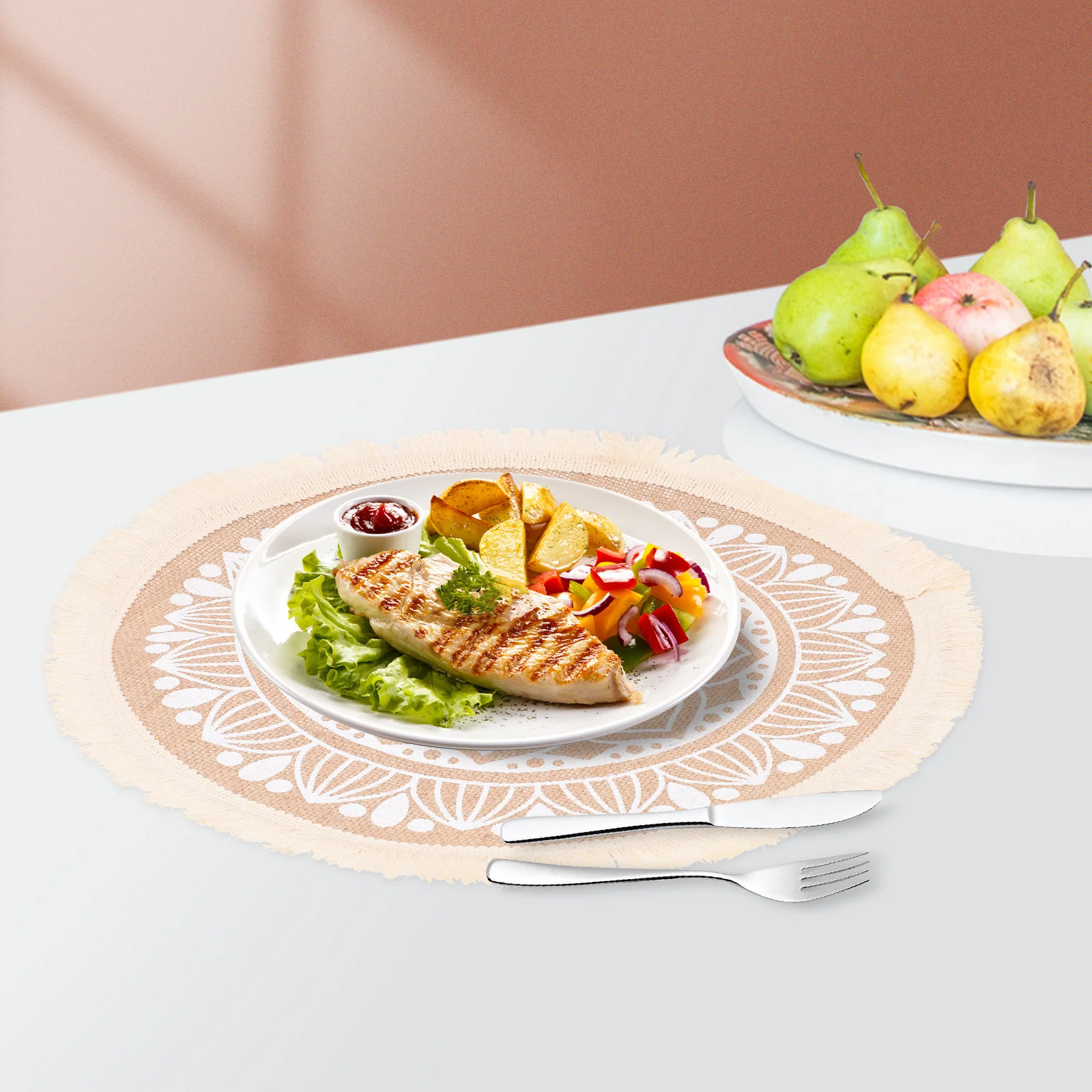 

3Pcs Mandala Placemats with Tassel Design Round Placemats for Dining Table Woven Macrame Cup Mats Farmhouse Desktop Decor