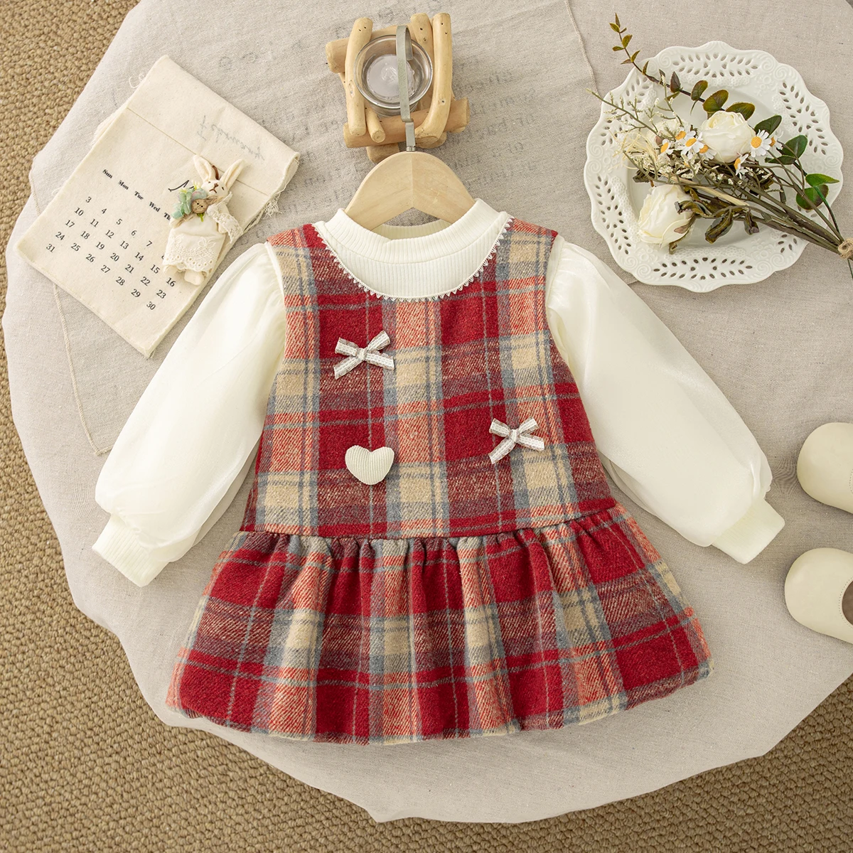Mädchenkleider für Frühling und Herbst, Baumwolle, kariert, mit Schleife, langärmelig, Baby-Mädchenkleid, süßes und niedliches Prinzessinnenkleid, Mädchenbekleidung – Detail 3