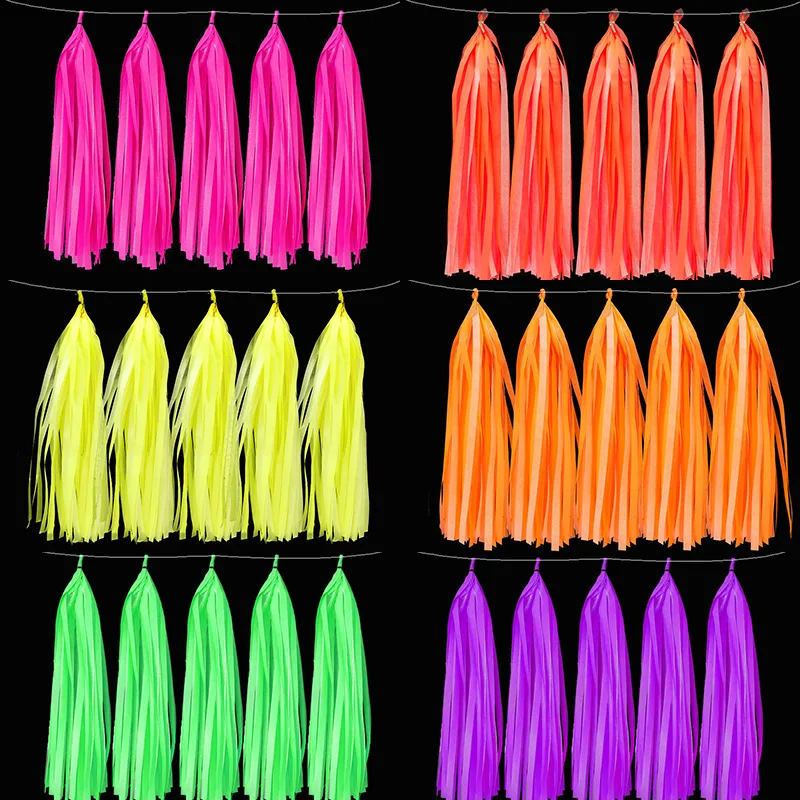 

5pcs Neon Paper Tassels Set Glow in the dark Party Accessories Garland Banner Luminous Black Light Bright Hanging Decor