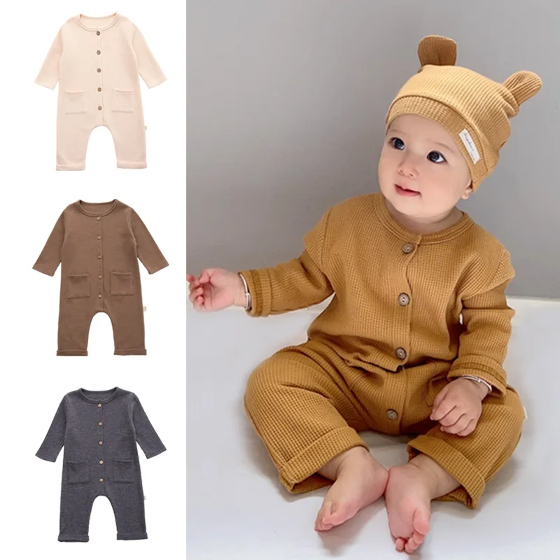 

Spring Autumn Ins Baby Boys Jumpsuit Round Collar Single Breasted Pockets Solid Newborn Boys Bodysuit Waffle Infant Girls Romper