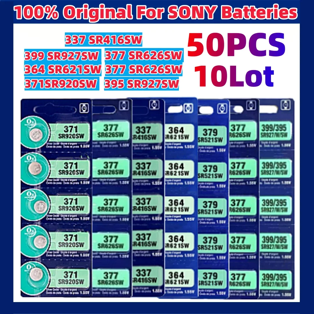 NEW 50PCS For Sony 337 SR416SW Silver Watch Battery 364 SR621SW 371 SR920SW 377 SR626SW 379 SR521SW 395 399 SR927SW Coin Cell