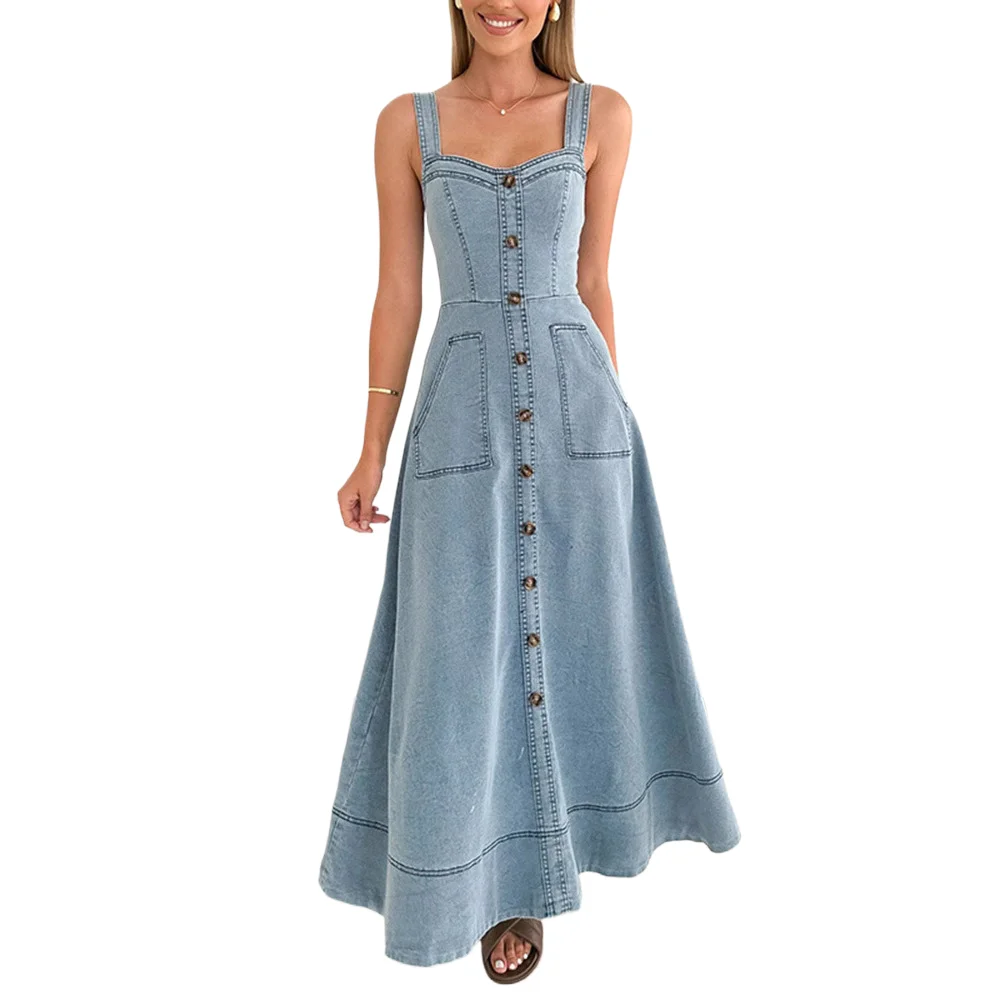 

Comfortable Versatile For Daily Commuting Simple Denim Mid Length Solid Color Dress With Suspenders Backless Temperament