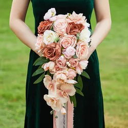 Teal Bridal Bouquet Cascading, Burnt Orange Wedding Bouquets for Bride, 13 Inch Terracotta Rust Fall Artificial Wedding Flower