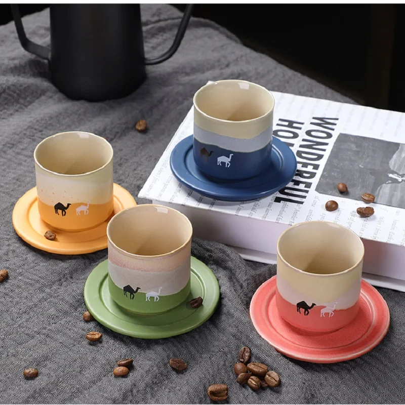 

80ML Ceramic Coffee Cup With Saucer Camel Desert Pattern Small Teacup Coffee Tasting Ceramic Cute Mug