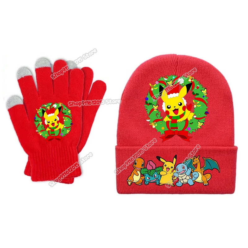 البوكيمون عيد الميلاد بيني قفازات دعوى بيكاتشو الاطفال محبوك قبعة القفازات الكرتون أنيمي صبي فتاة الشتاء قبعات دافئة سانتا كلوز هدية