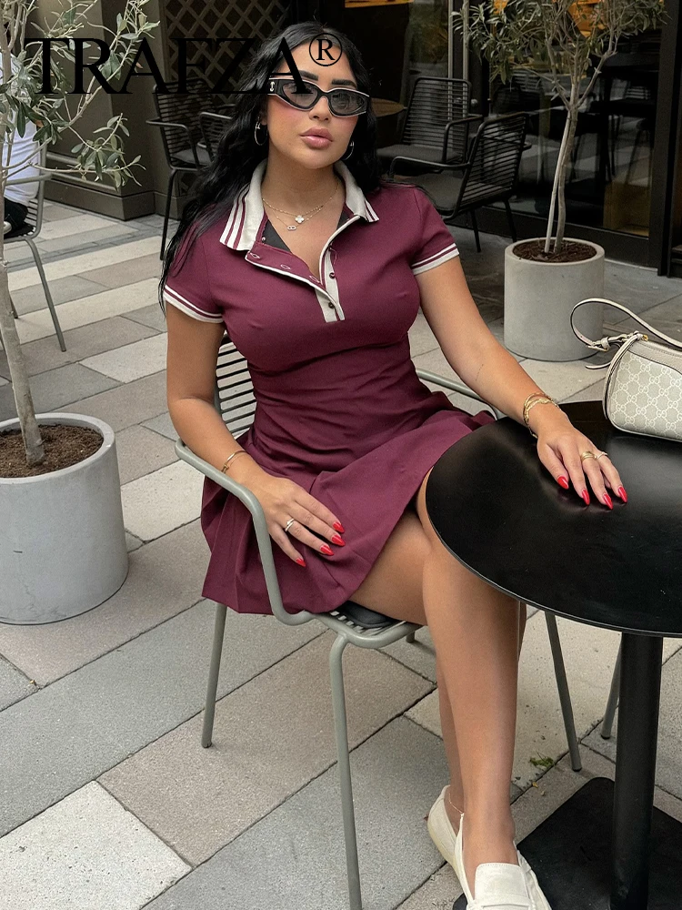 TRAFZA Women Summer Fashion Contrast Ribbed Wide Pleated A-Line Dress Female Elegant Button Turn-down Collar Short Sleeve Dress