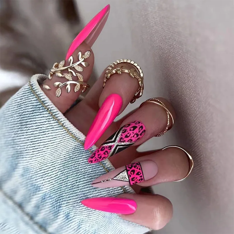 

24pcs Leopard Print Press-On Nails - Bold rose Red & Black Long Almond Shape (Multi Sizes) False Nail For Women Girl