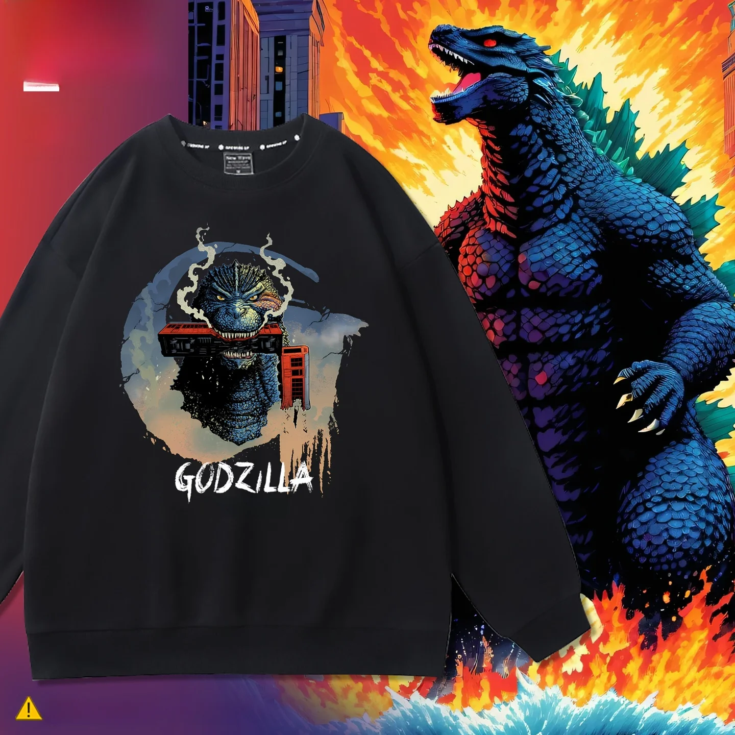 Sudadera Holgada de Algodón Puro para Hombre, Estilo Informal, Top Negro, Colaboración con Ancient Monster, Sudadera Clásica con Cuello Redondo