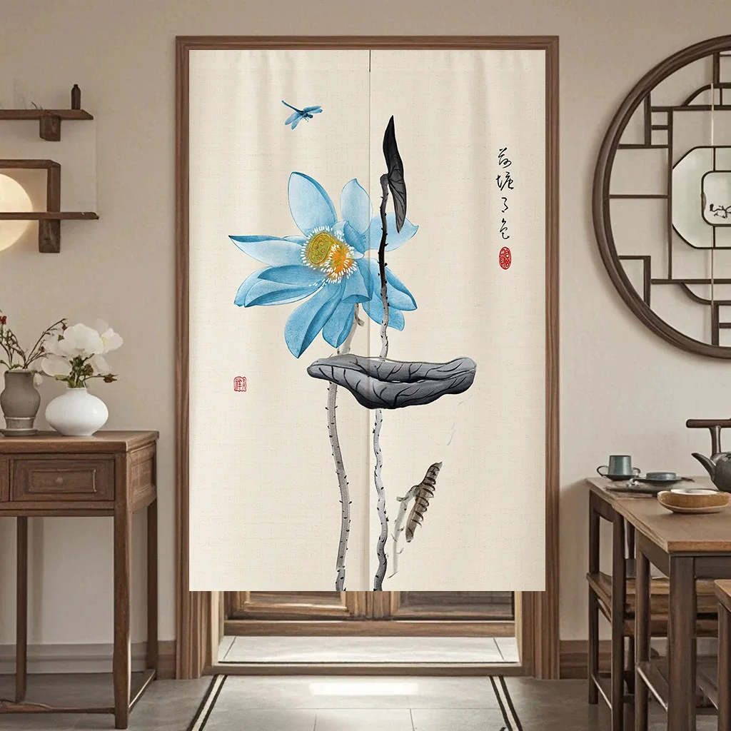 VIKAMA Chinese Ink Lotus Noren Door Curtain, Zen Style Privacy Partition Curtain for Home Kitchen Bedroom Tea Room Decor