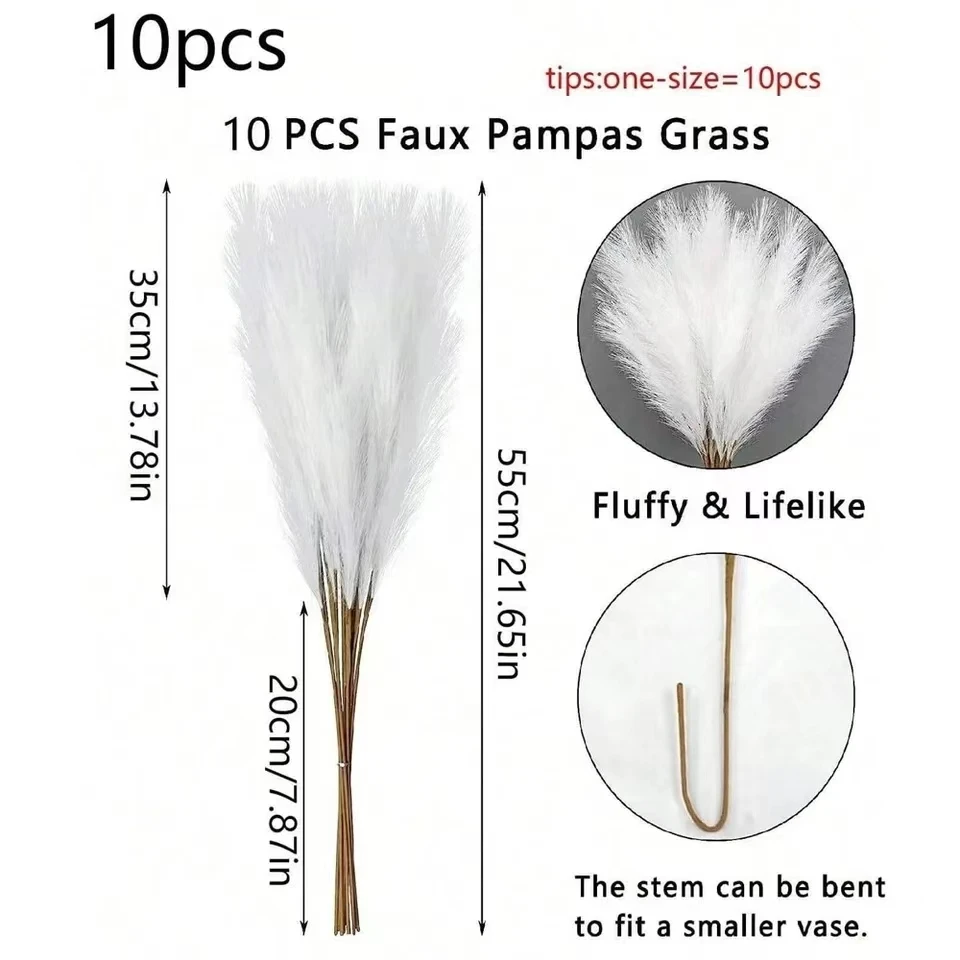 10PCS/Bag 55CM Majestic White Faux Pampas Grass Plush Pompass Branches for Floor Vase Filler Wedding Home and Boho Decoration