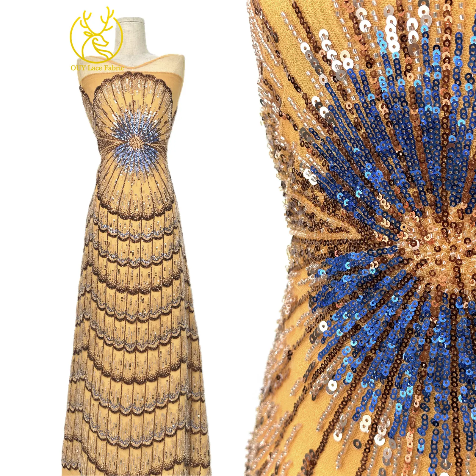Tela de encaje africana de lujo Royal Luxury 2026, encaje nigeriano de alta gama con lentejuelas y cuentas, encaje francés de tul para mujer, para coser vestidos de fiesta y graduación.