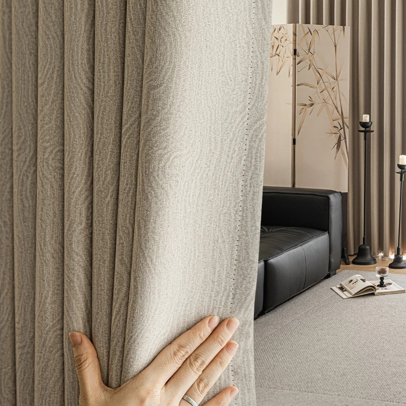 Custom Size Cream Brown Chenille Jacquard Water Ripple Modern Curtains Three-dimensional High Shading Bedroom and Living Room