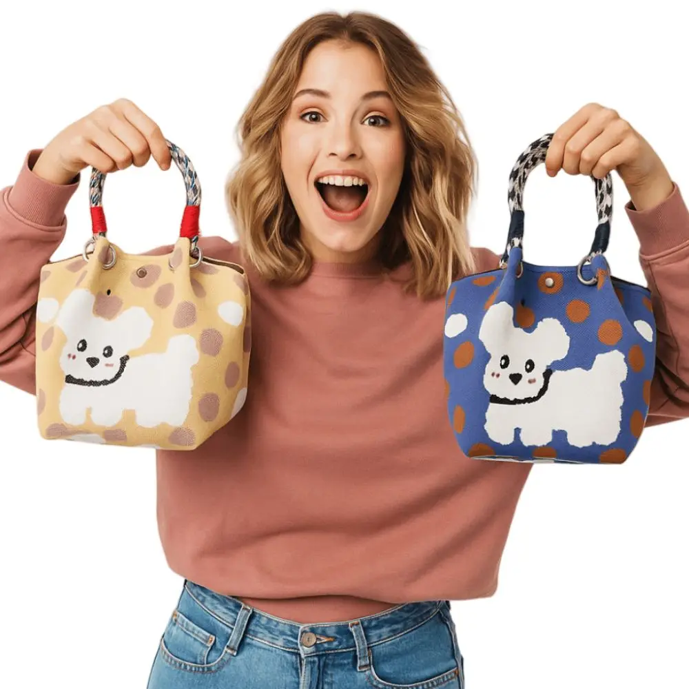 

Fashion Handmade Knitted Handbags Large Capacity Dog Pattern Shoulder Bag Cartoon Dots Woven Ring Buckle Wrist Bag Women