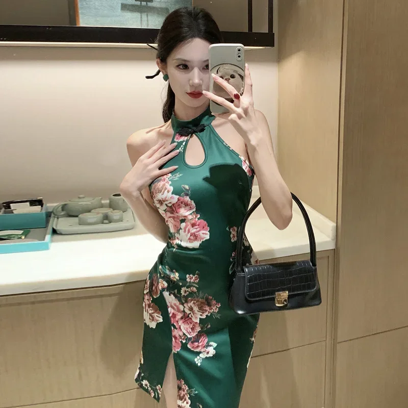 

Зеленый короткий Cheongsam в китайском стиле, женское Ципао без рукавов, сексуальное улучшенное китайское платье с принтом, элегантное платье, винтажный костюм