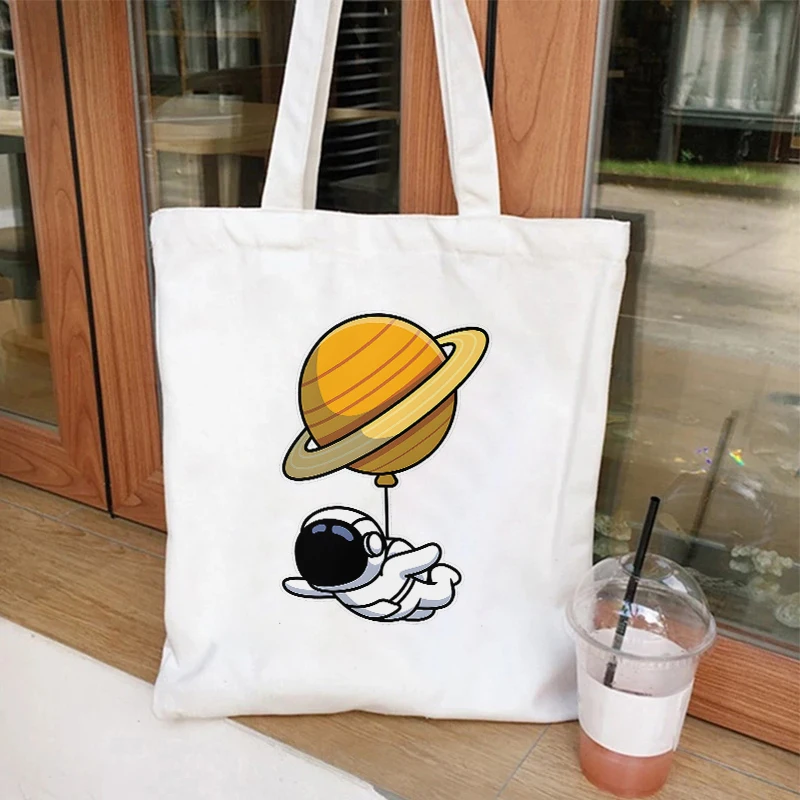 Bolsas de lona astronauta bonito, sacolas de compras adolescentes, série espacial engraçada, armazenamento gráfico, saco comprador reutilizável para estudante