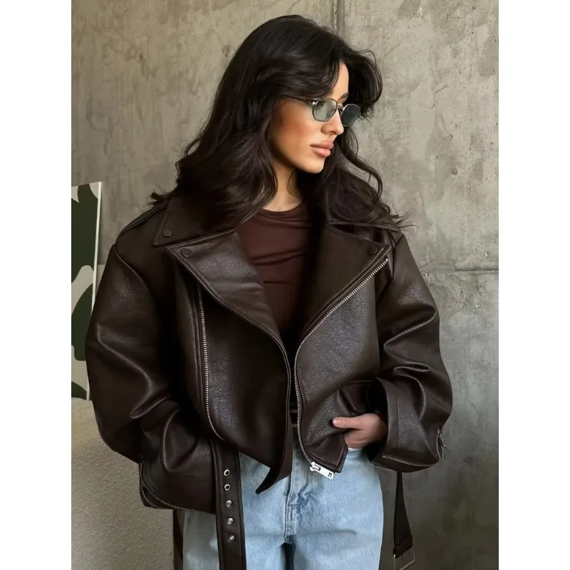 

Casual Solid Leather Short Women Jackets Long Sleeve Lace Up Lapel Loose Leisure Coat Lady Daily High Street Wear 2025
