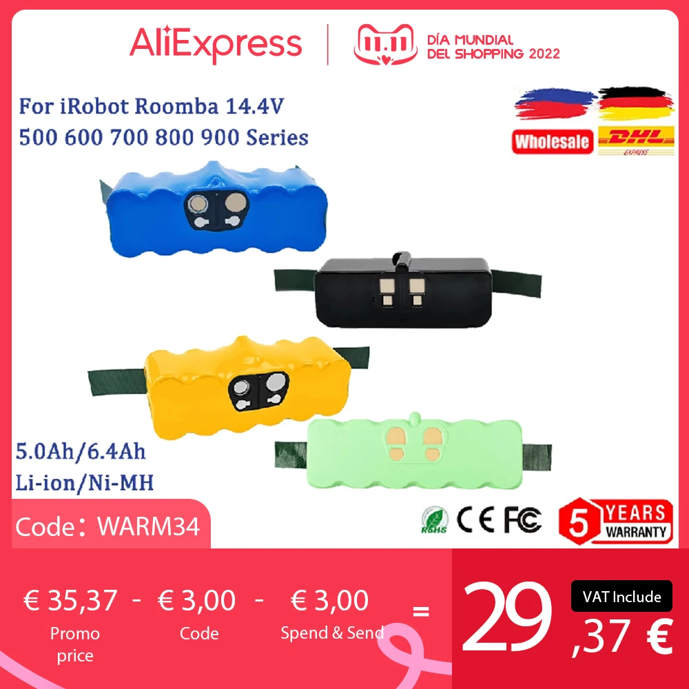 For iRobot Roomba 500 6400mAh 14.4V 5.0Ah Battery For Roomba 600 700 800 Series Vacuum Cleaner For iRobot roomba 620 650 770 780