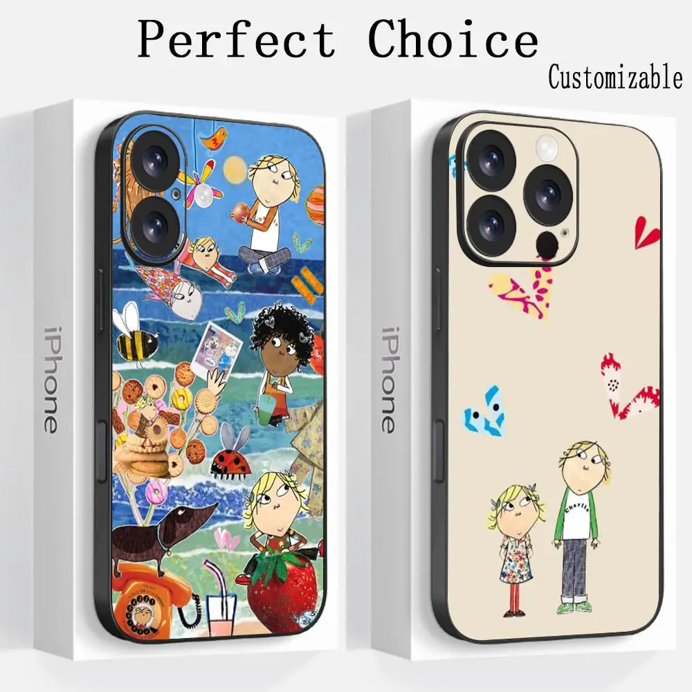 Capa de Telefone com Padrão Clássico de Desenhos Animados Charlie e Lola para iPhone 17, 16, 15, 14, 13, 12 Plus Mini Pro Max, Capa Preta Macia à Prova de Choque