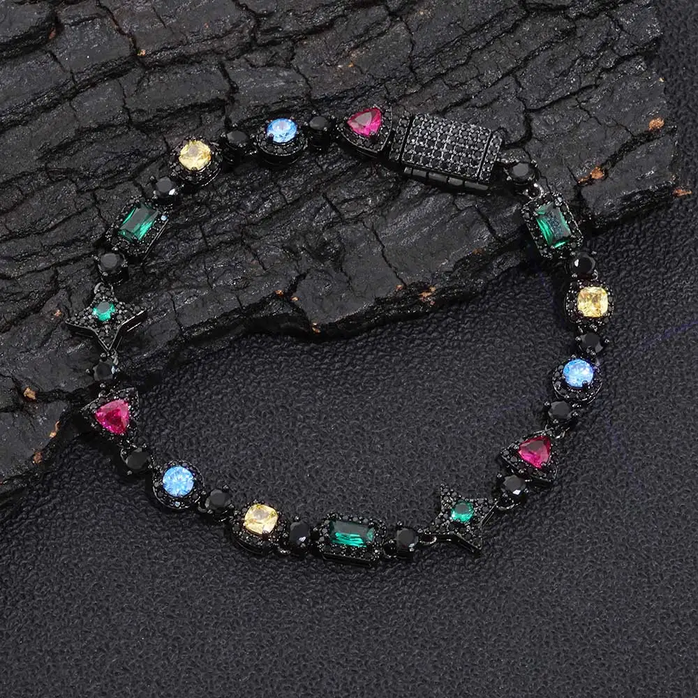 

Black Color Cubic Zirconia Bracelet Star Triangle Rectangle colorful Gem Inlaid Iced Out Hip Hop Hand Chain Jewelry For Unisex