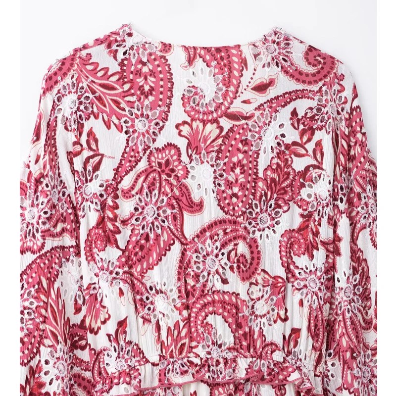 MUJER Abiti lunghi ricamati con stampa per donna Abito longuette Boho con cutwork Abito estivo da donna a maniche lunghe Abito da spiaggia casual