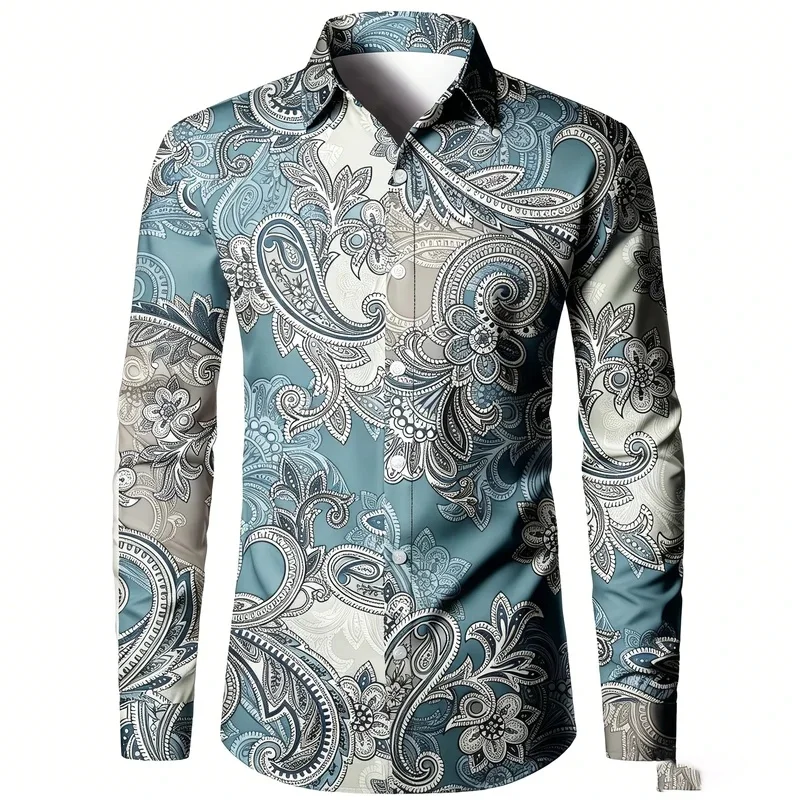 Men's Gradient Paisley Paisley Print Long-Sleeve Shirt, Smooth Drape, Retro Style, Versatile Top for Vacation and Casual Wear