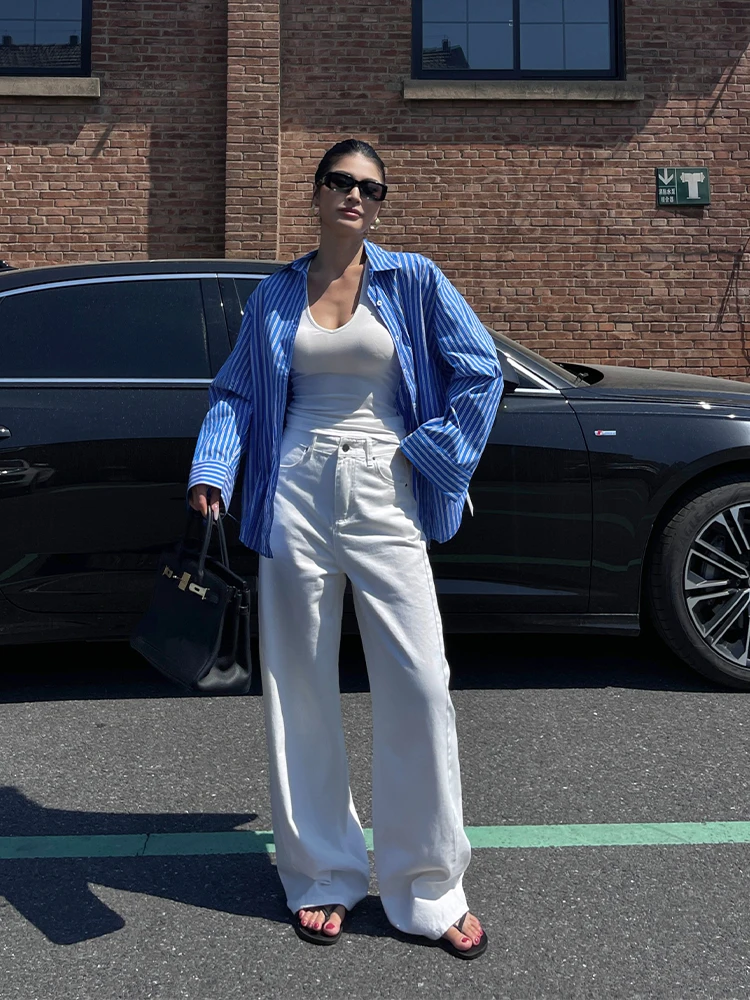 

High Waist Straight Leg White Waed Denim Jeans Women's Summer New High Waist Loose Fit Floor-Length Pants Split Design
