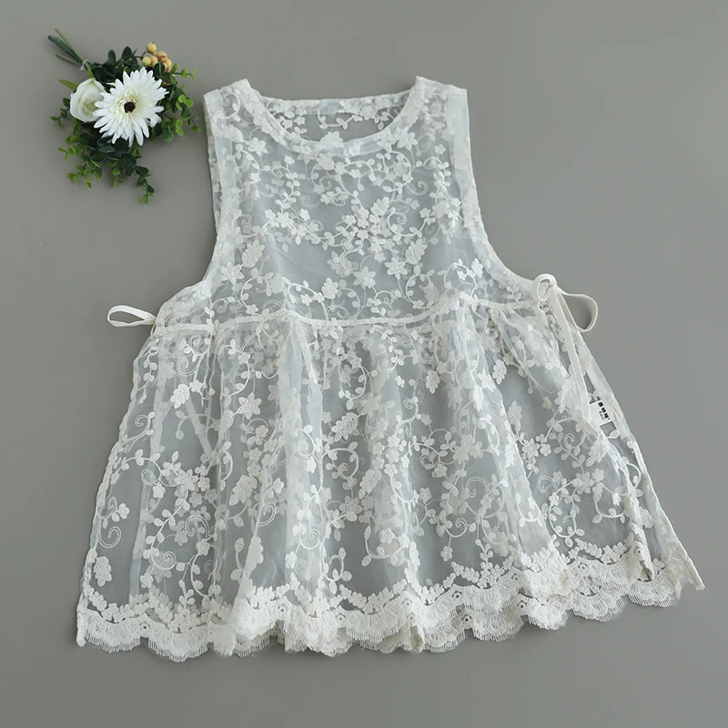 

Lace Embroidered Women's Vest Heavyweight Floral Sle Outerwear with Side Ties European Organza oulder Pad Summer Casual