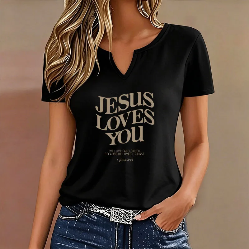 T-shirt vintage col en V décontracté et tendance pour femme, motif « Jésus t'aime », manches courtes, idéal pour l'été