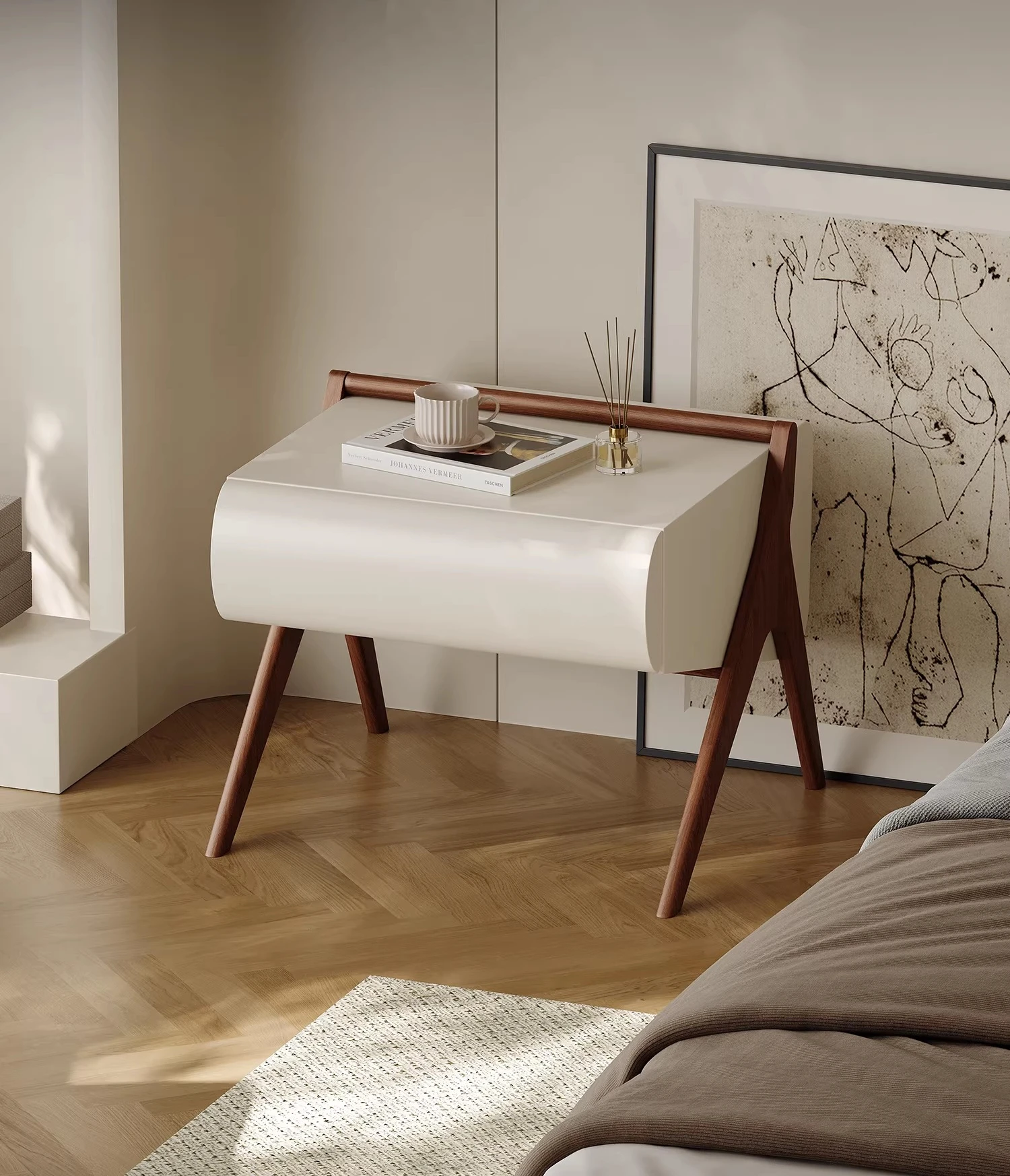 

Modern simple bedside table designer creative locker storage cabinet bedroom cream solid wood cream wind bedside table