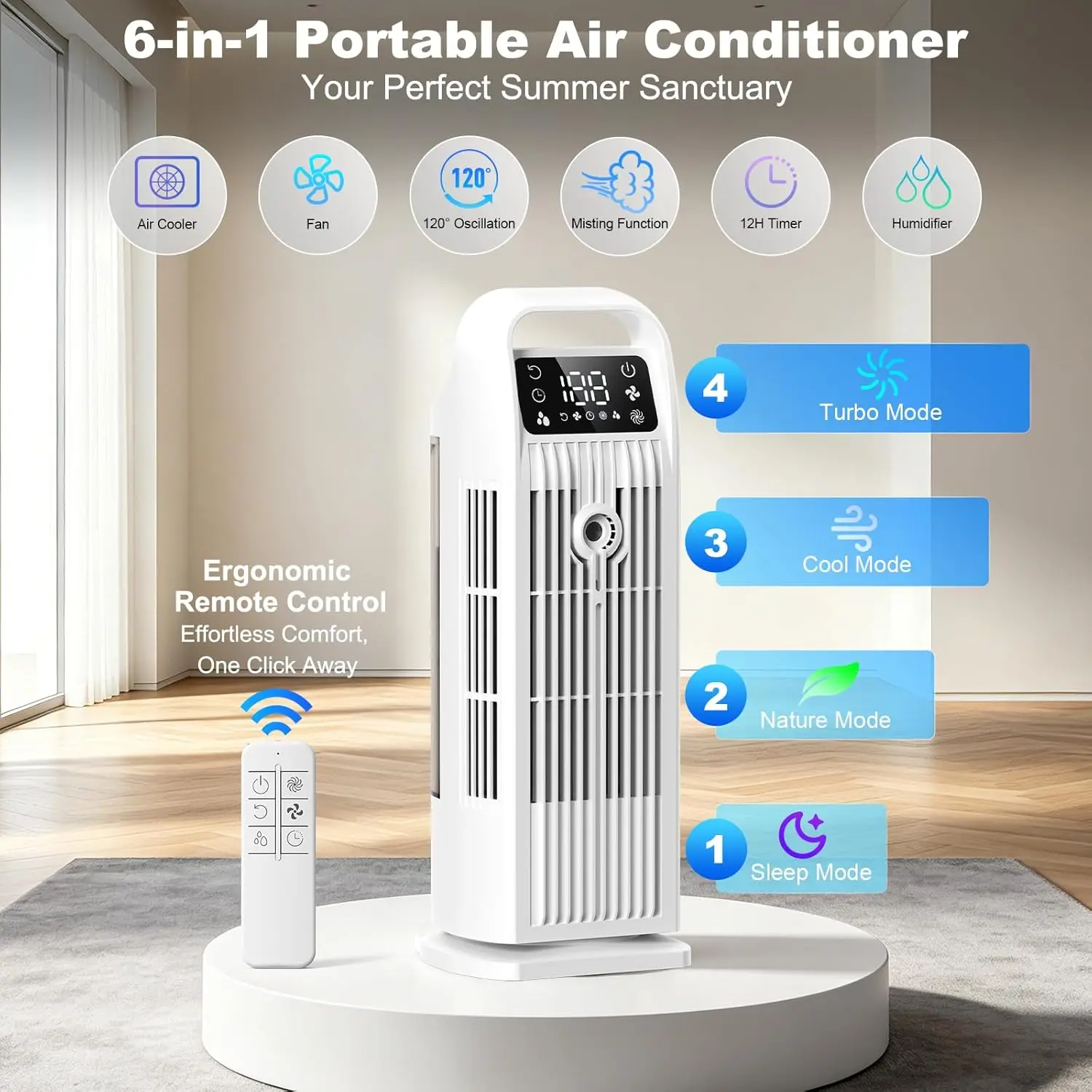 Portable Evaporative Air Cooler 4 1 Remote Control 120 Oscillating 4 Speeds 12H Timer Mist Spray Fast Cooling Tower Fan Home