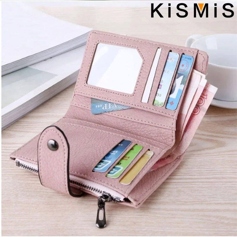 KISMIS Ladies New Style PU Leather Rivet Short Wallet Zipper Change Card Holder Women's Coin Purse Wallet Money Bag