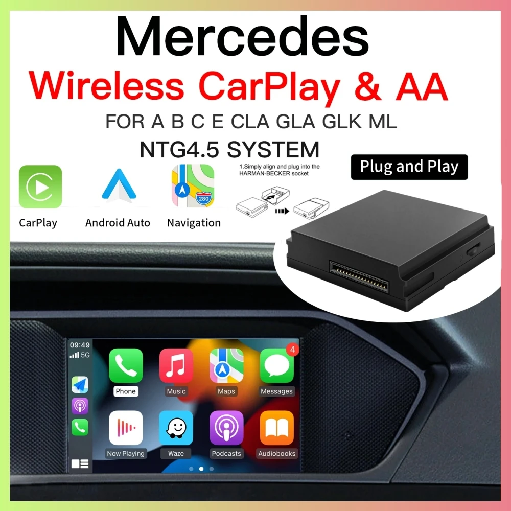 Carplay sans fil adapté à Mercedes Benz A B C E CLA GLA GLK ML Sprinter NTG4.5 Becker Module Android Auto Navigation