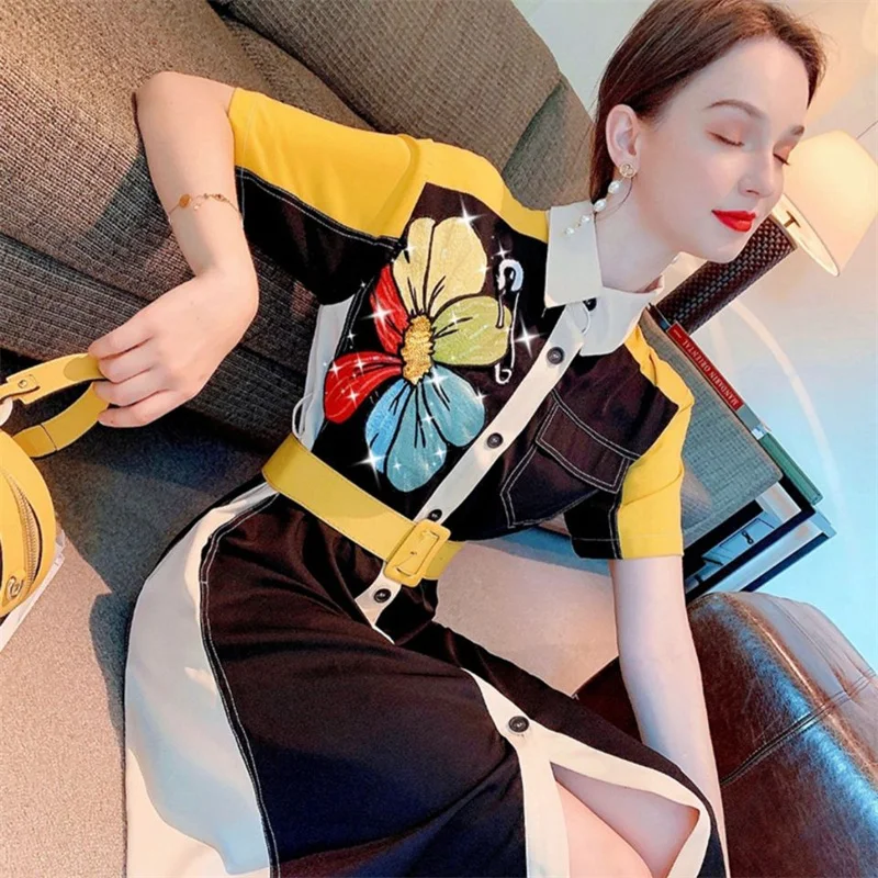 Female Embroidery Shirt And Dress.2023 Summer Women Medium Long Waist Was Slim Design Felt Like Stitching Printing Dress Coat