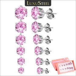 LUXUSTEEL 6Pairs Pink Round Cubic Zirconia Earring for Women Girls Stainless Steel Colorful Crystal Studs Jewelry Sets 3-8MM