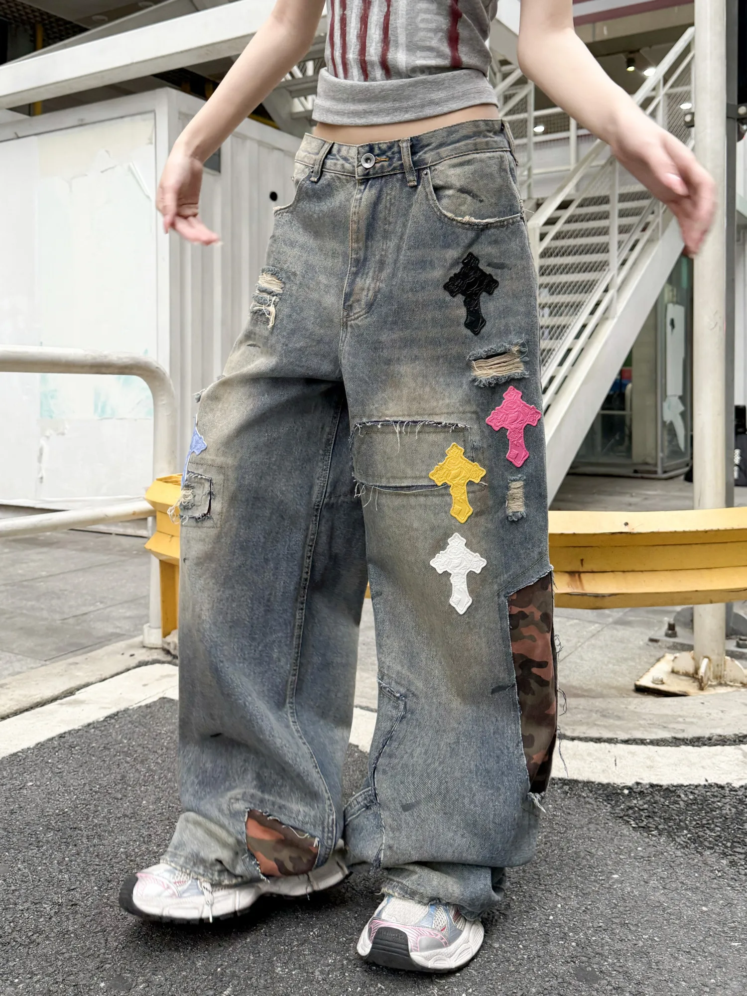 Calças Jeans Americanas de Alta Qualidade com Patches, Estilo Solto e Largura Extra, Comprimento até o Chão, para Homens e Mu...