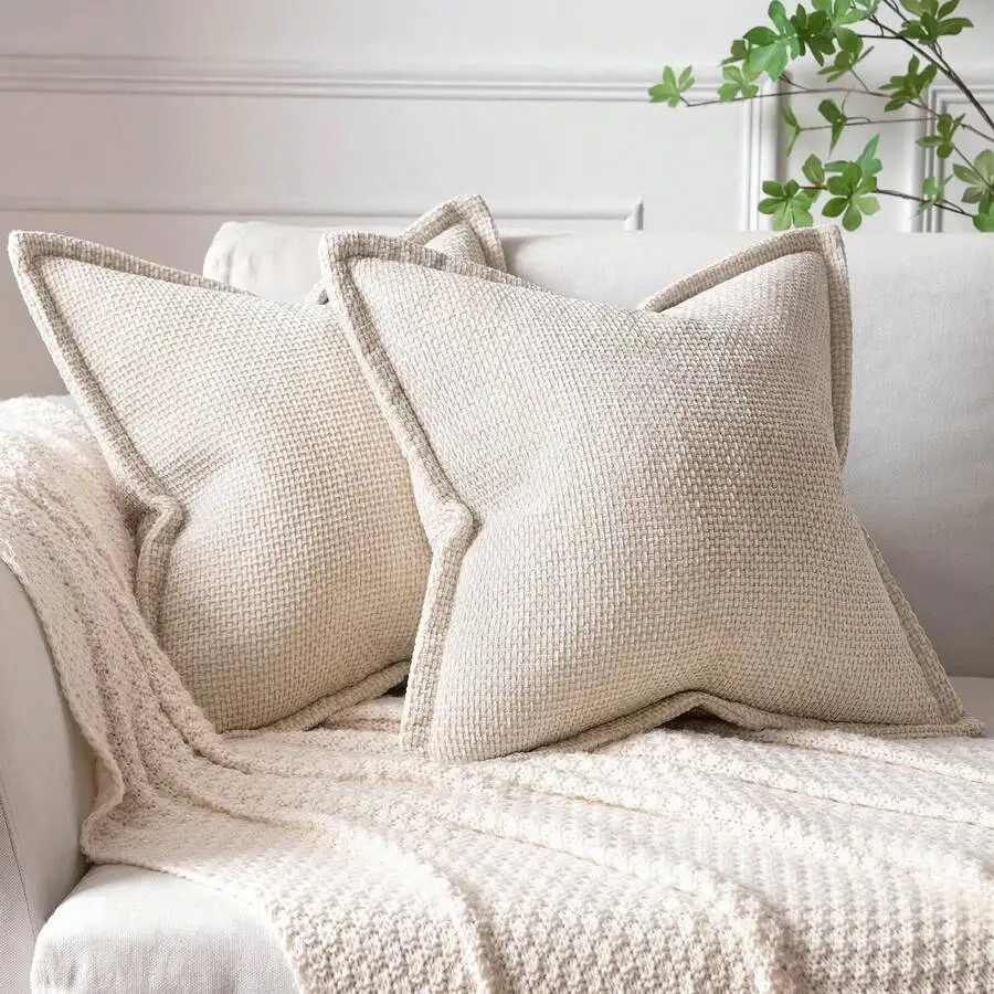 Soft Chenille Throw Pillow Cover With Wide Trim, Farmhouse Cushion Case For Home Decor, Sofa, Bedroom