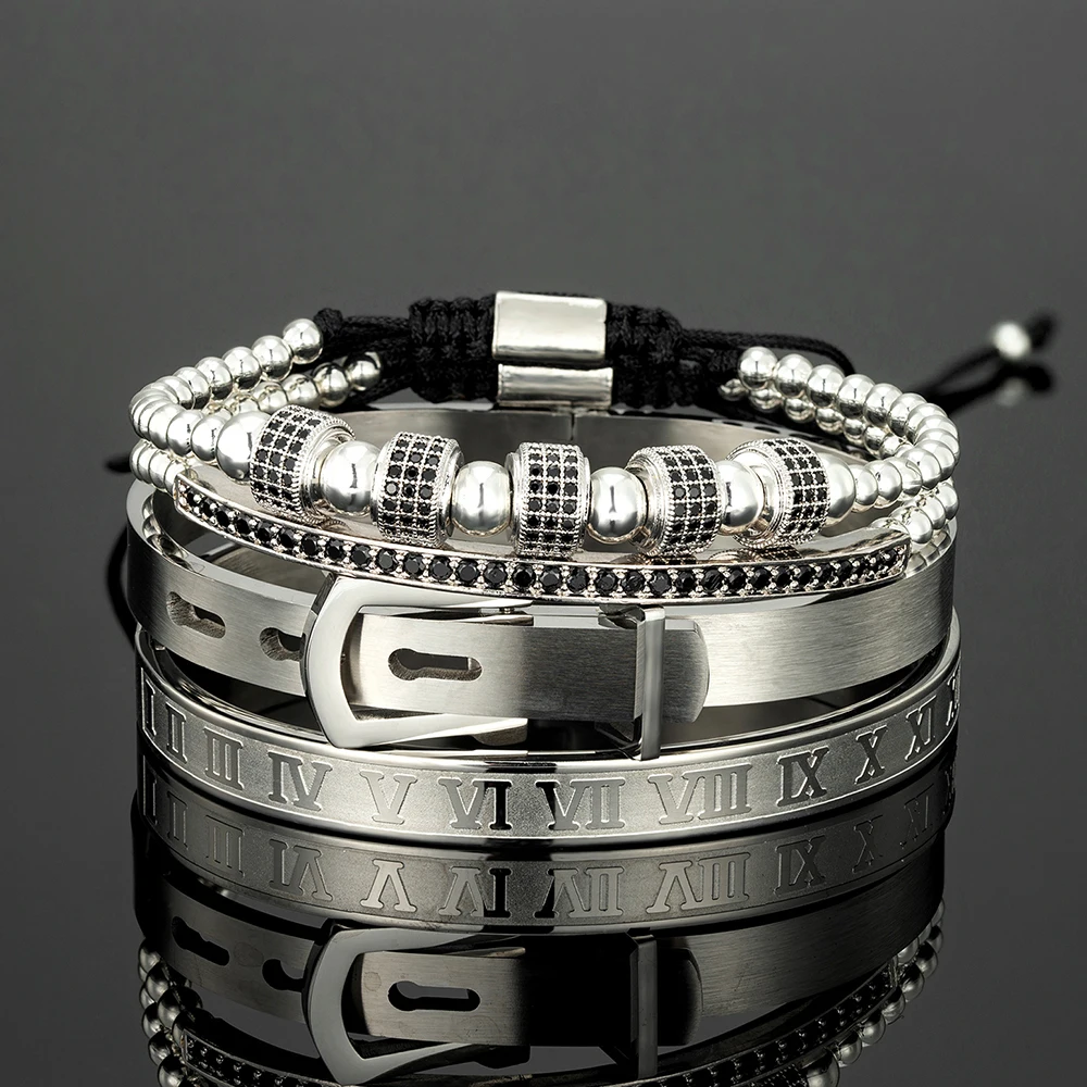 Luxury Royal King Belt Bracelet Set for Men Stainless Steel Roman Bangle Micro Inlaid Braided Bracelets Handmade Jewelry Gifts