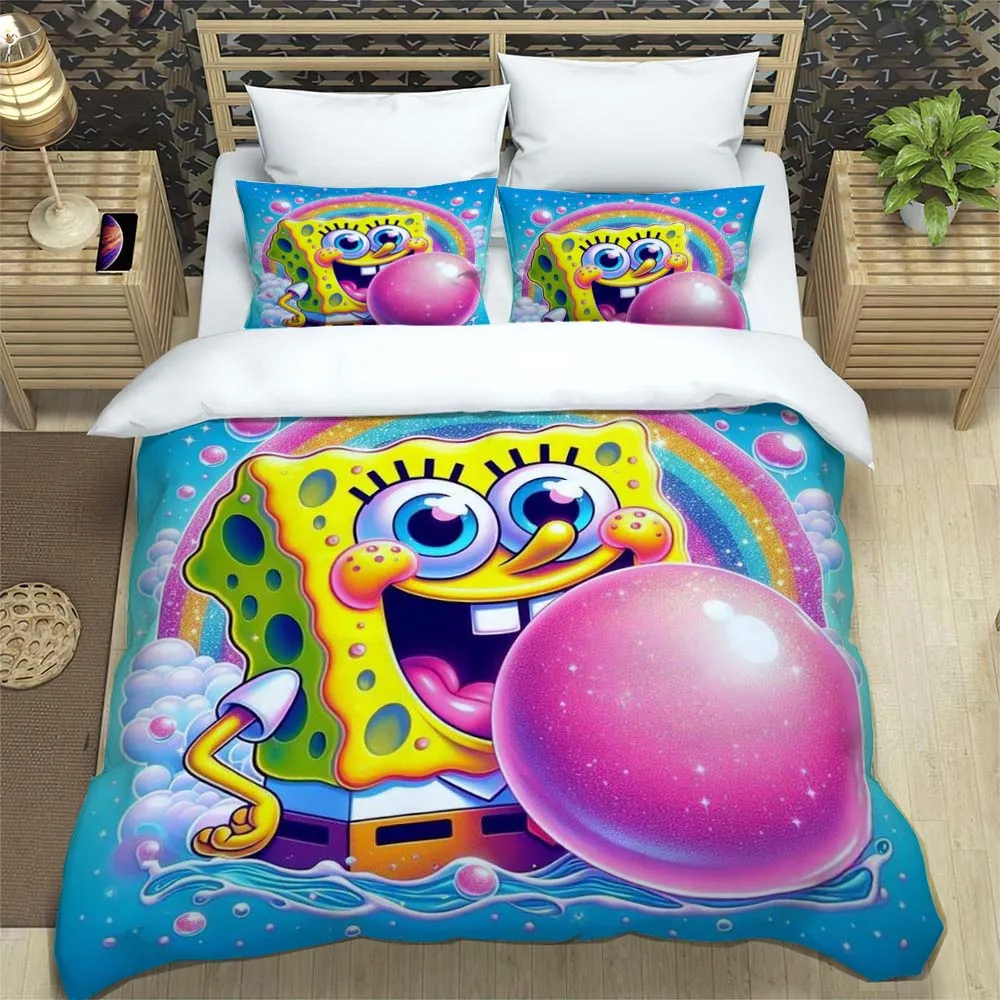 3D Sponge Bob Square Pants Printed Bedding Set, Cartoon Pattern Duvet Cover and Pillowcases, Single/Double Bed Sheet Sets, view 3