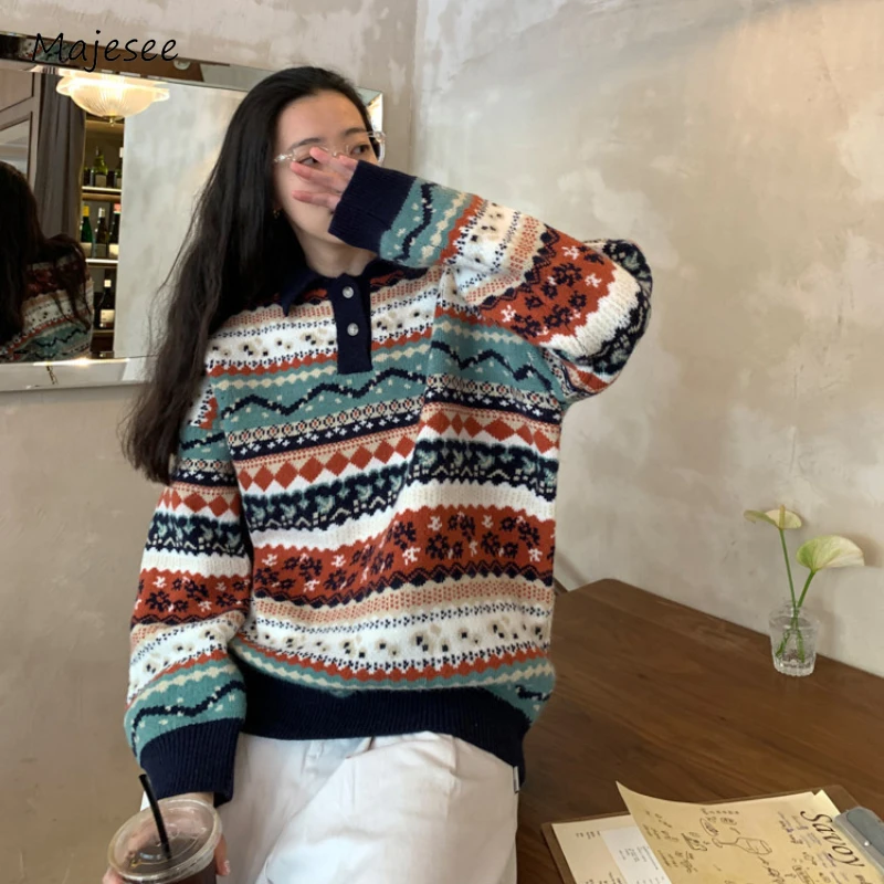 Striped Sweaters Women Folk-style Autumn Retro Loose All-match Elegant Knitwear Pullover Slouchy Winter Youthful Advanced 2024