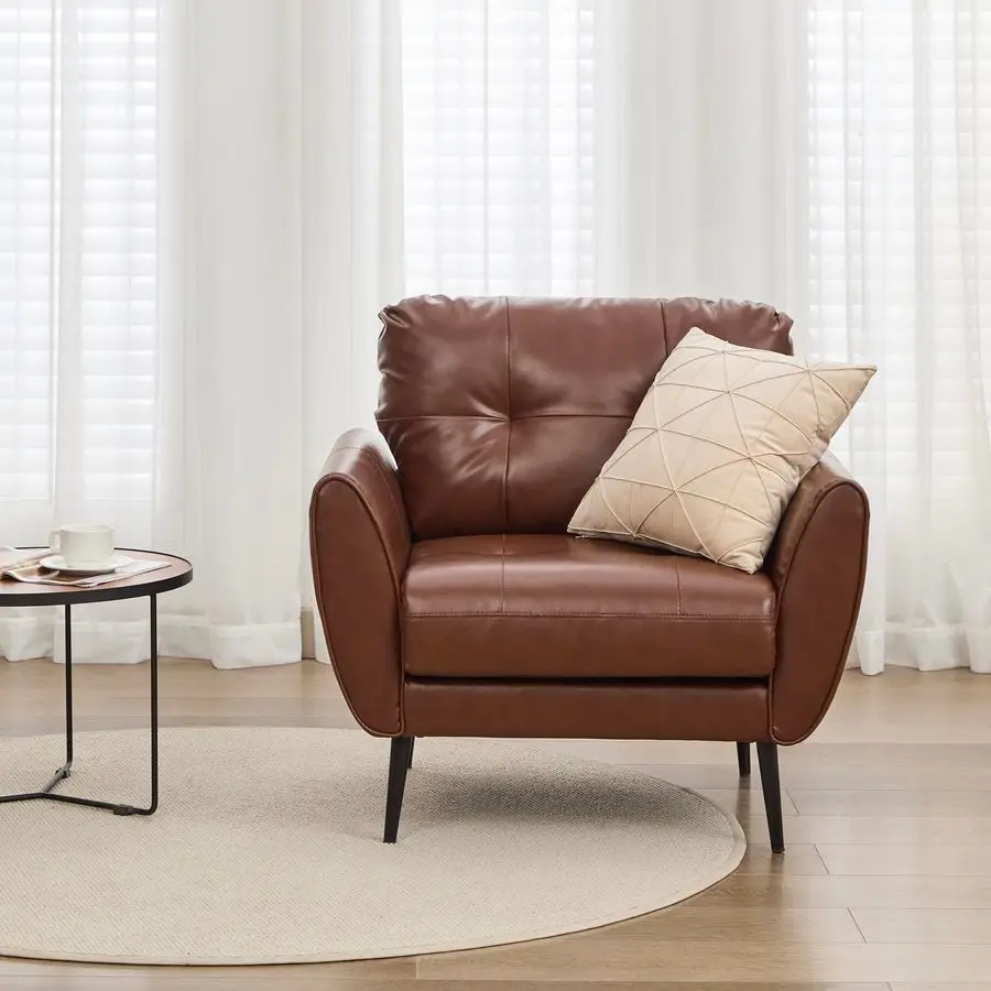 Sedia d'accento, comodo soggiorno moderno Sedie da lettura in pelle marrone Poltrona capitonnè della metà del secolo Sedia da salone piccola per