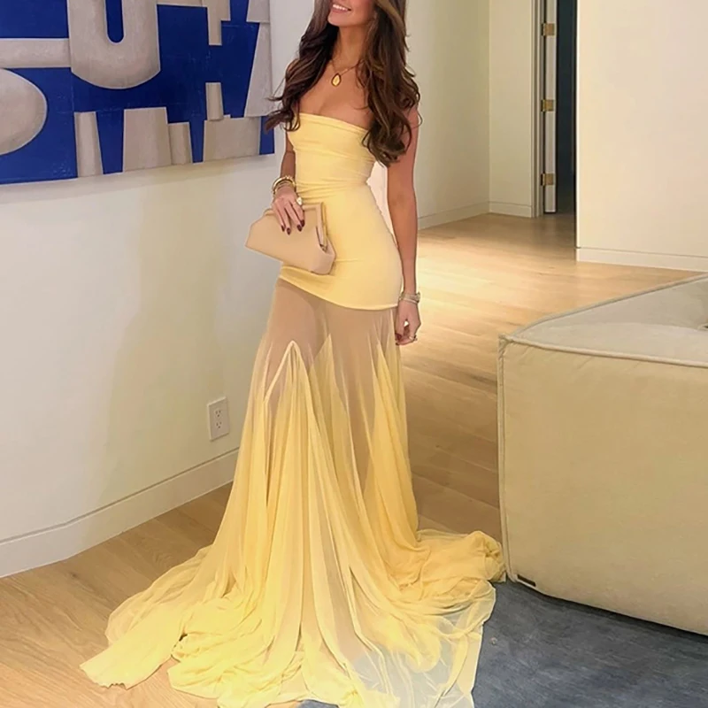 

Sexy Strapless Off Shoulder Party Long Dress Fashion Fit See-through Dresses Show Style Mesh Spliced Floor-length Evening Dress