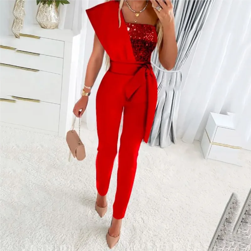 Women's Sequins Patchwork Bodycon Jumpsuit Summer Elegant Fashion One Shoulder Prom One Piece Belt Trouser Overalls Jumpsuits