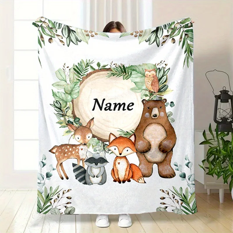 

Персонализированный плед с лесными животными: милый акварельный дизайн оленя, лисы, медведя, енота, с именем на заказ, мягкий флисовый плед, подарок для детей