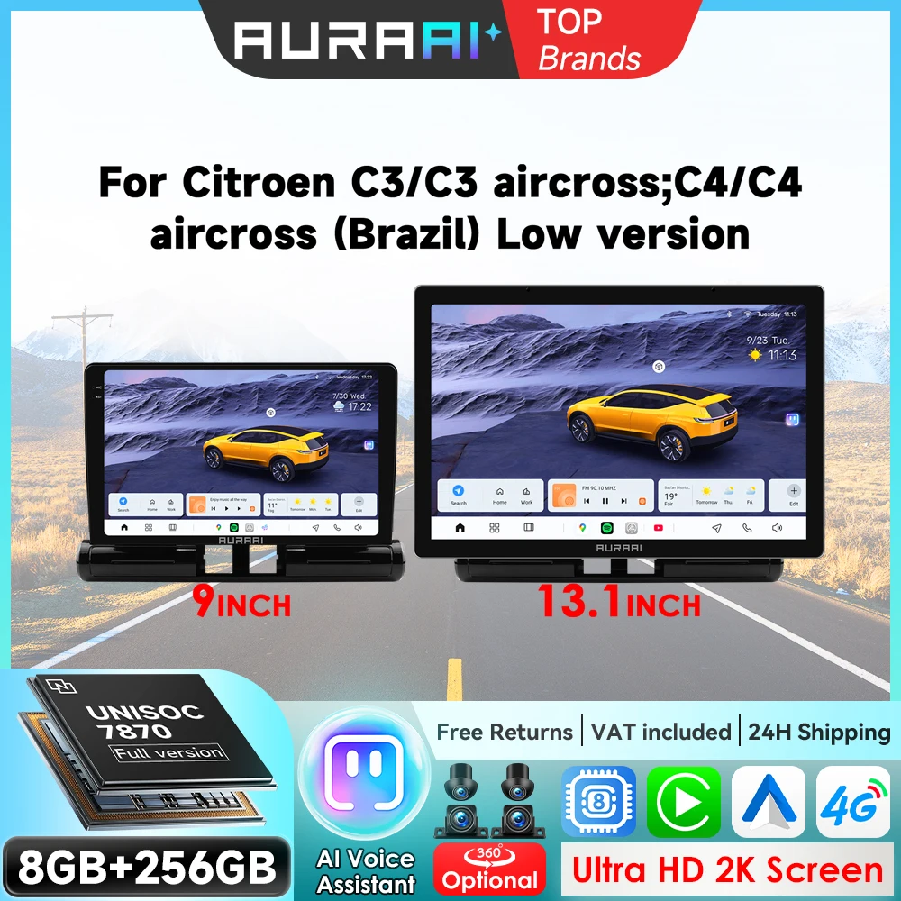 AURAAI Kabelloses CarPlay Android Auto für Citroen C3/C3 Aircross C4/C4 Aircross 2017 - 2023 Headunit mit KI-Sprachsteuerung und Smart Driving DSP