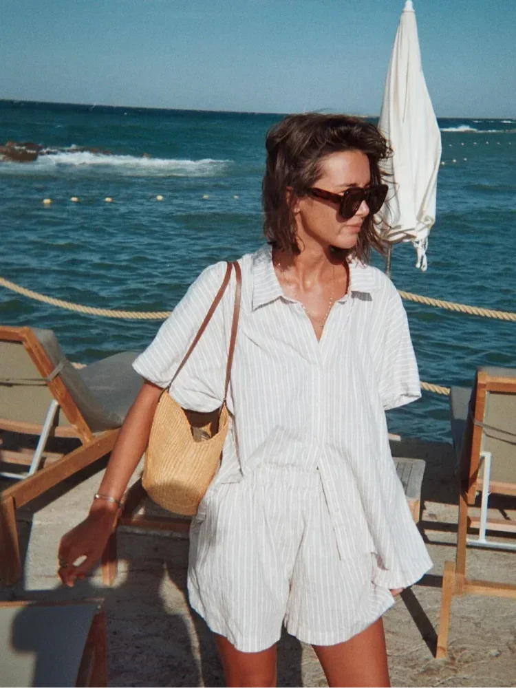 الصلبة القطن الكتان زر قميص مجموعة للنساء عادية مرونة الخصر واسعة الساق سراويل قصيرة دعوى 2025 الصيف التنقل اليومي الزي #3