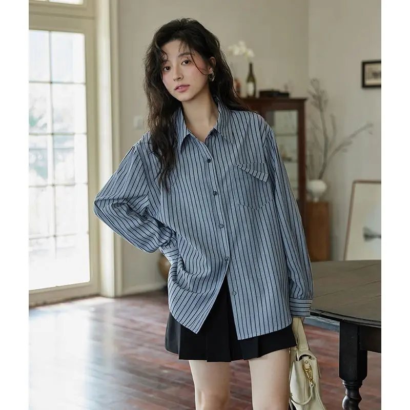 Thin and Petite Design Niche Striped French Long Sleeved Shirt Top Jacket for Women