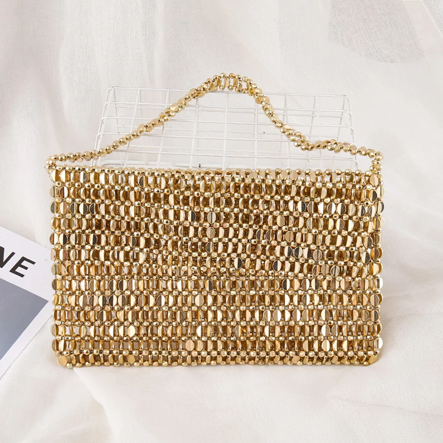 

Retro shiny metal hand-woven women handbags hollow out beaded flip lid large capacity tote banquet underarm clutch purse party